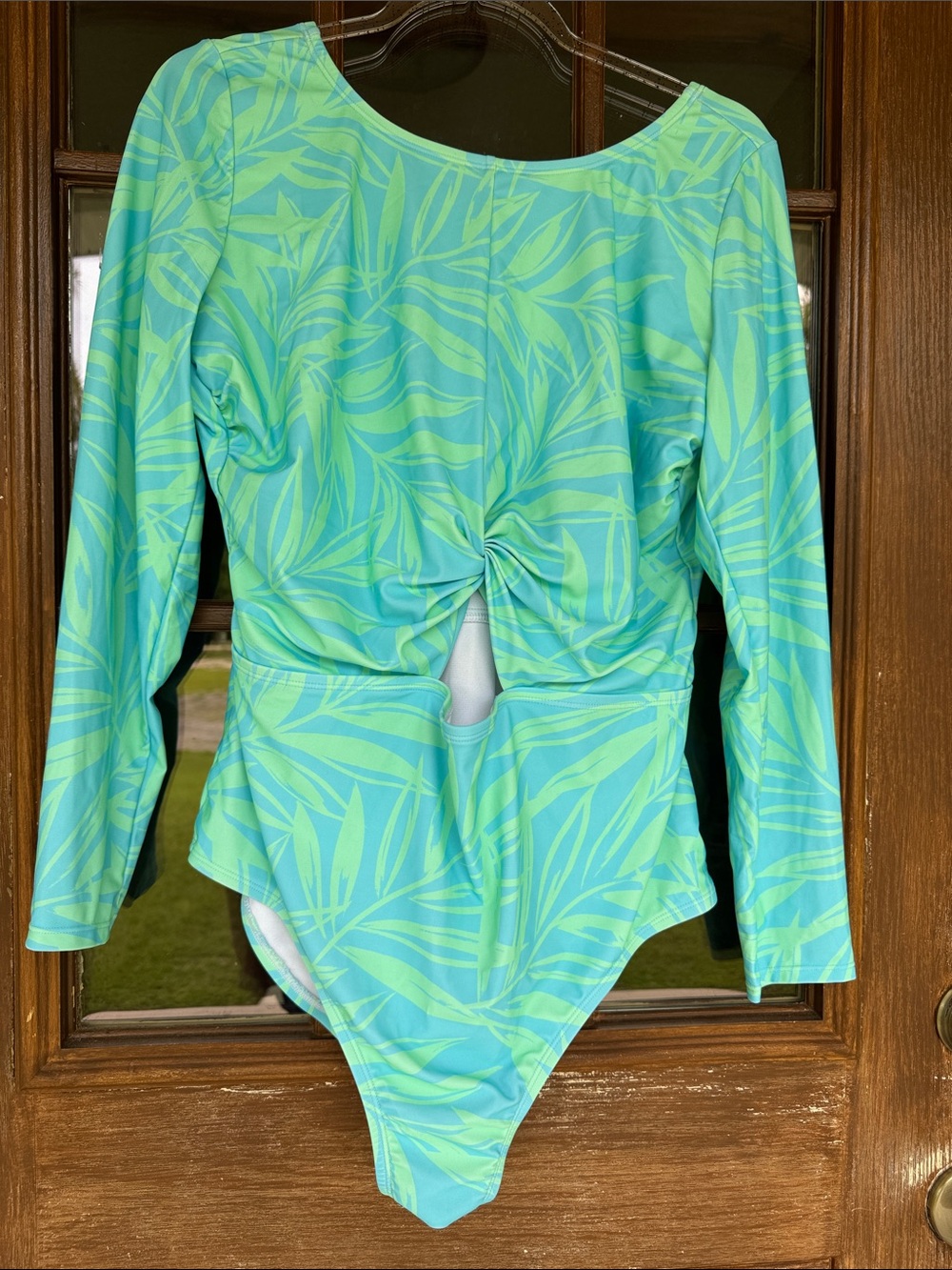 Women’s Long-Sleeve One-Piece Swimsuit in Aqua Leaf Print